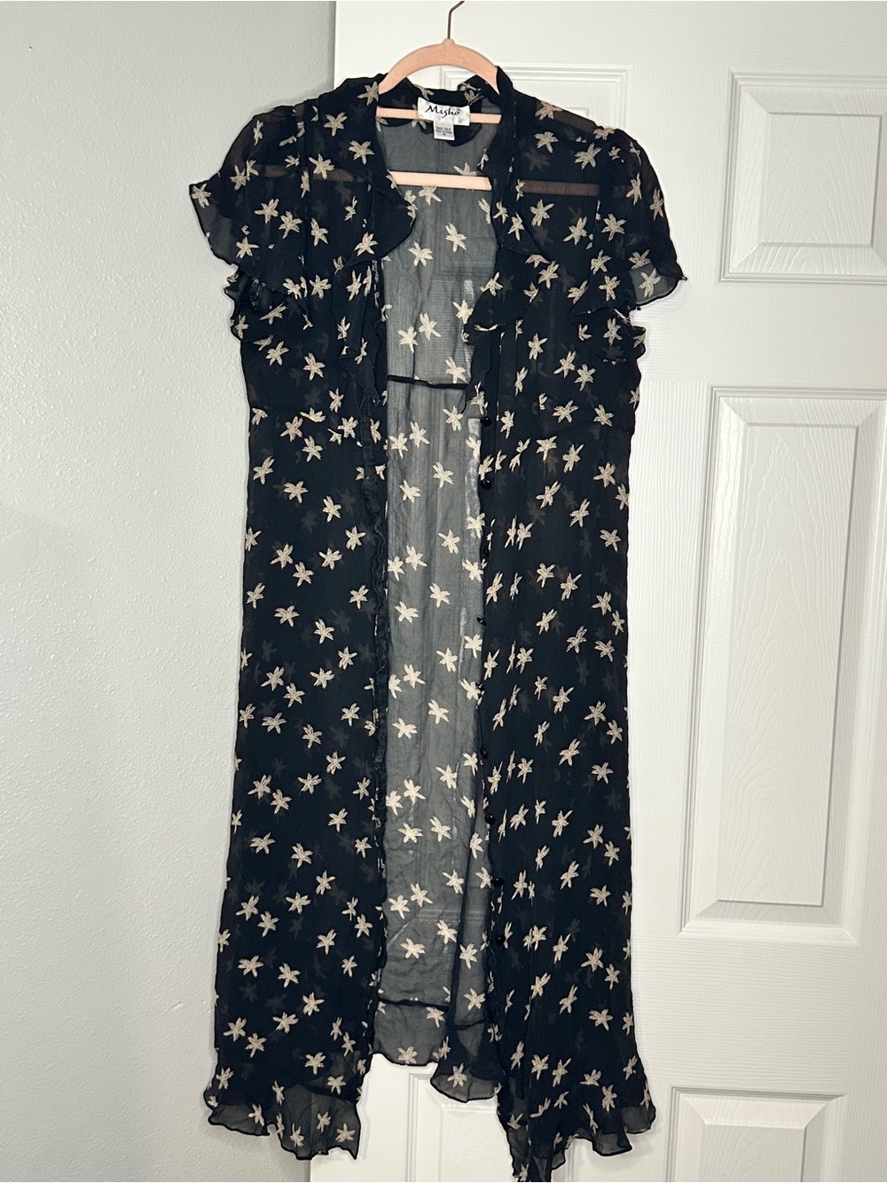 100% Silk Star Print Sheer Button Front Duster Dress Misho